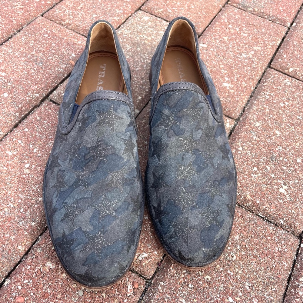 TRASK Grey Suede Glitter Star Slip on Loafers Size 6.5